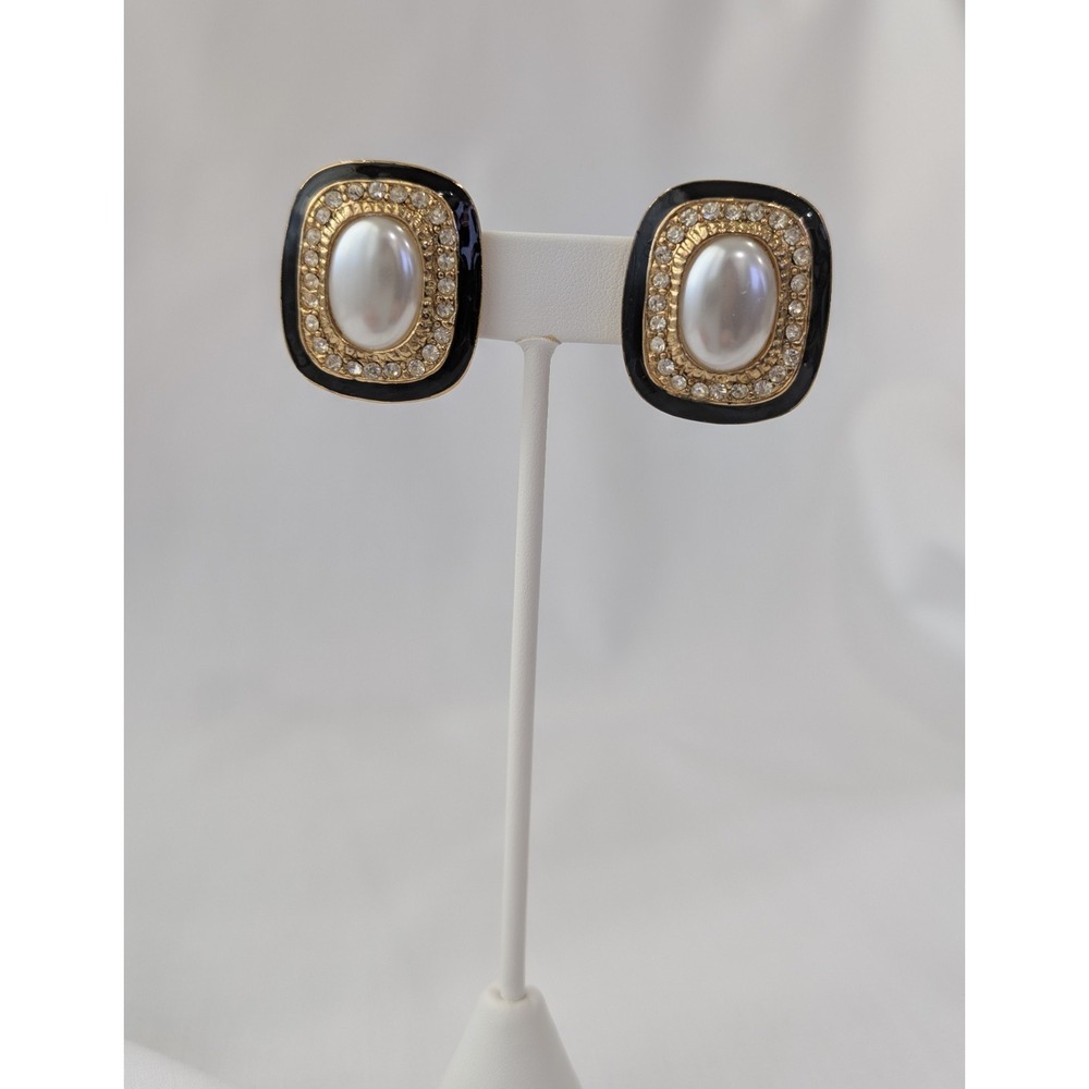 Vintage Clip On Black Enamel Rhinestone Faux Pearl Rectangle Earrings LT110